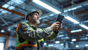 A photograph of a lighting contractor installing or adjusting low bay lights in a large industrial or commercial space