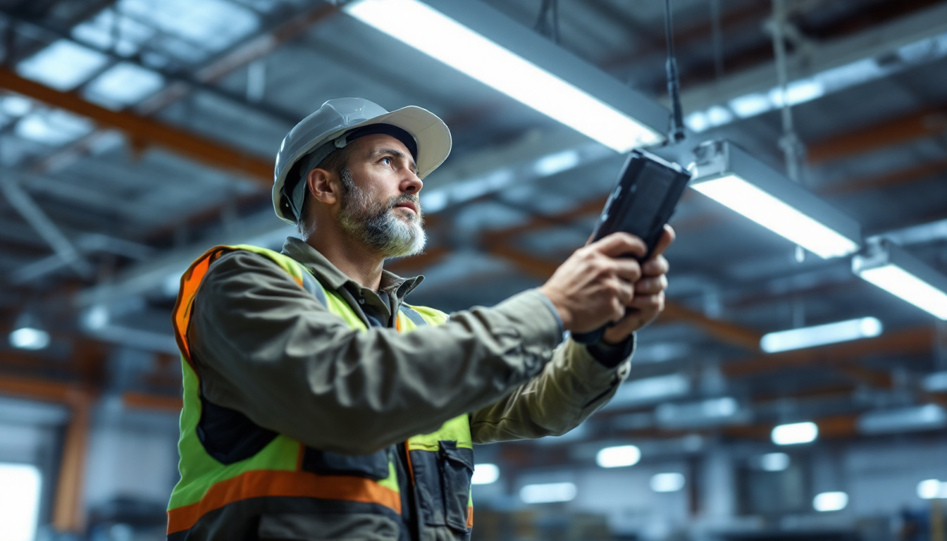 A photograph of a lighting contractor installing or adjusting low bay lights in a large industrial or commercial space