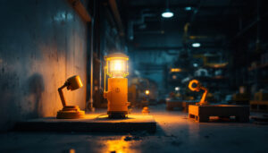 A photograph of a well-lit industrial workspace featuring explosion-proof lights in action