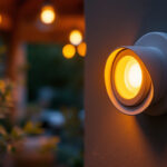 A photograph of a close-up shot of an outdoor light socket installed in a garden or patio setting