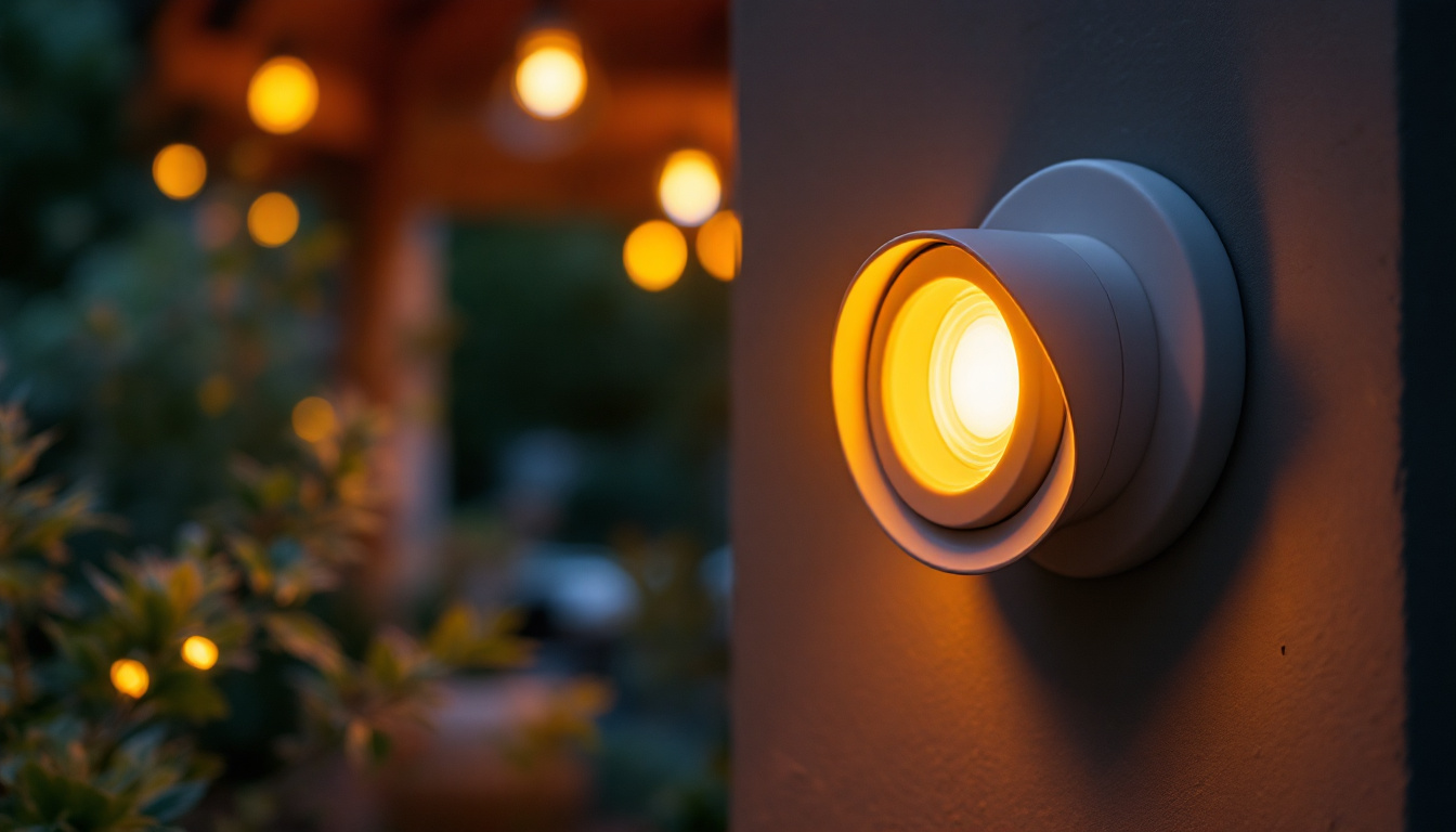 A photograph of a close-up shot of an outdoor light socket installed in a garden or patio setting