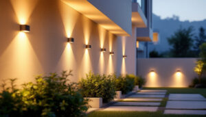 A photograph of a beautifully lit outdoor space showcasing various styles of led wall downlights installed on exterior walls