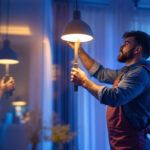 A photograph of a lighting contractor expertly installing or showcasing lotus led lights in a modern interior setting