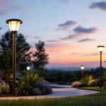 A photograph of a beautifully landscaped outdoor space illuminated by stylish light post solar lights at dusk