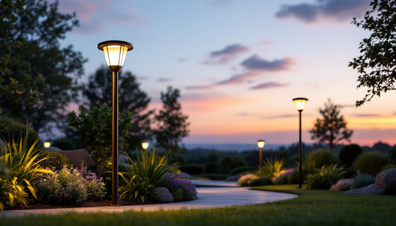 A photograph of a beautifully landscaped outdoor space illuminated by stylish light post solar lights at dusk