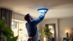 A photograph of a skilled lighting contractor installing a sleek