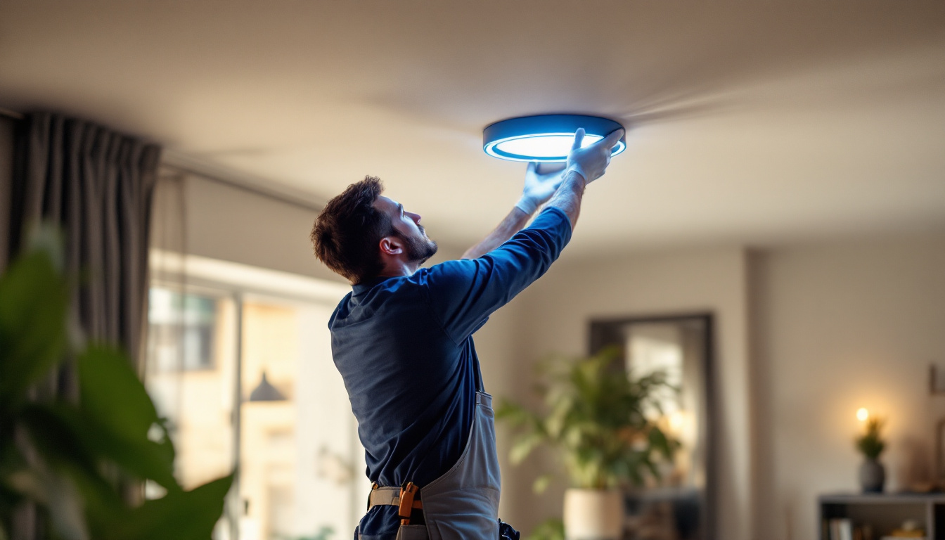A photograph of a skilled lighting contractor installing a sleek