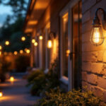 A photograph of a beautifully illuminated outdoor space featuring a stylish gooseneck light fixture