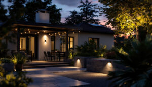 A photograph of a beautifully illuminated outdoor space at dusk