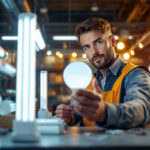 A photograph of a lighting contractor inspecting a variety of led fluorescent lamps in a well-lit workspace