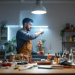 A photograph of a well-lit workspace showcasing a lighting technician installing a ballast bypass in a modern lighting fixture