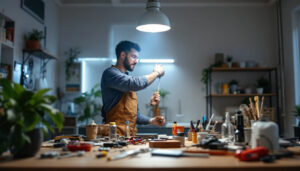 A photograph of a well-lit workspace showcasing a lighting technician installing a ballast bypass in a modern lighting fixture