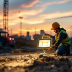 A photograph of a compact solar lamp illuminating a construction site at dusk