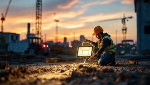 A photograph of a compact solar lamp illuminating a construction site at dusk