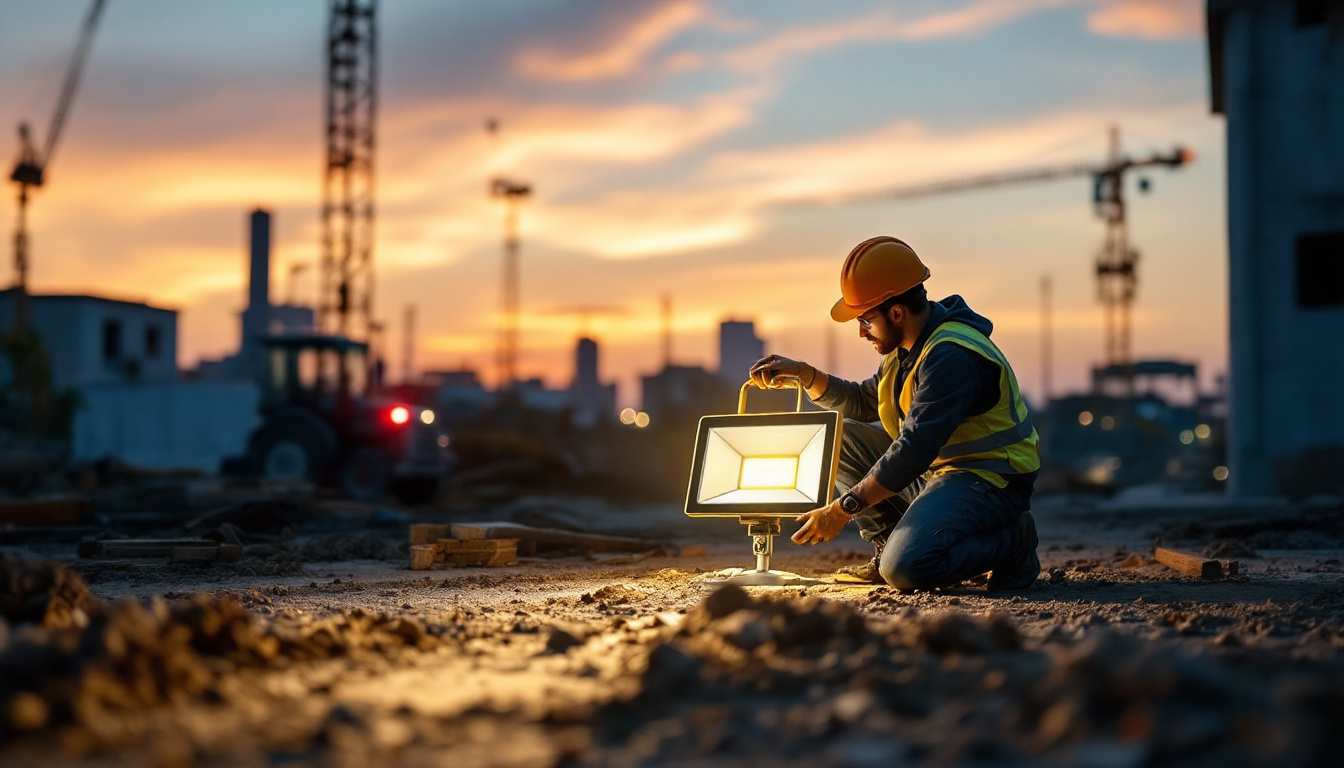A photograph of a compact solar lamp illuminating a construction site at dusk