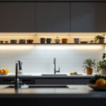 A photograph of a well-lit kitchen featuring sleek led under cabinet lights that highlight the workspace