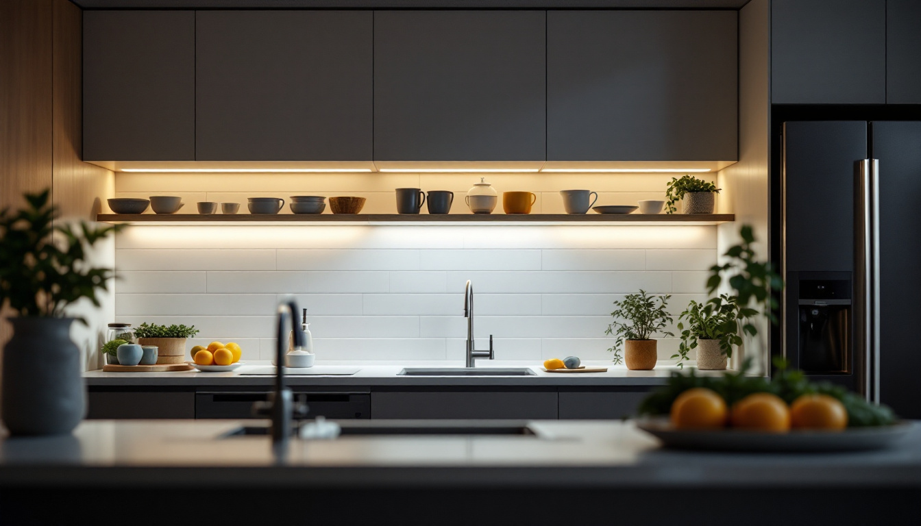 A photograph of a well-lit kitchen featuring sleek led under cabinet lights that highlight the workspace