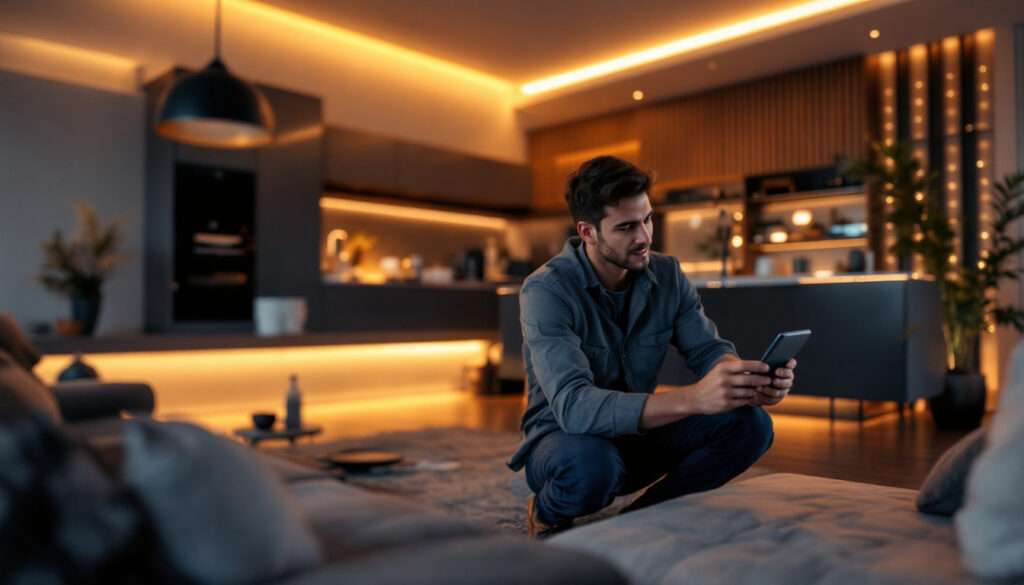 A photograph of a lighting contractor expertly installing an automated lighting system in a modern residential space