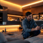 A photograph of a lighting contractor expertly installing an automated lighting system in a modern residential space