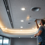 A photograph of a well-lit room featuring a drop ceiling with recessed lights