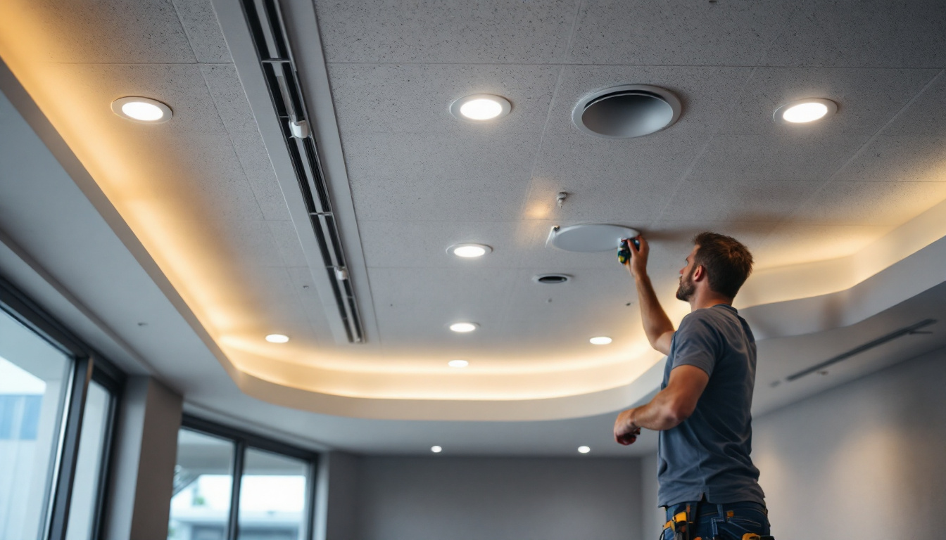 A photograph of a well-lit room featuring a drop ceiling with recessed lights