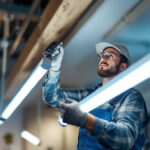 A photograph of a lighting contractor installing or examining led fluorescent tubes in a commercial or residential setting