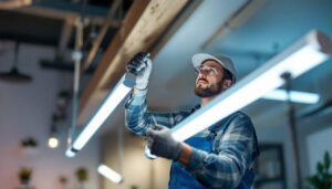 A photograph of a lighting contractor installing or examining led fluorescent tubes in a commercial or residential setting