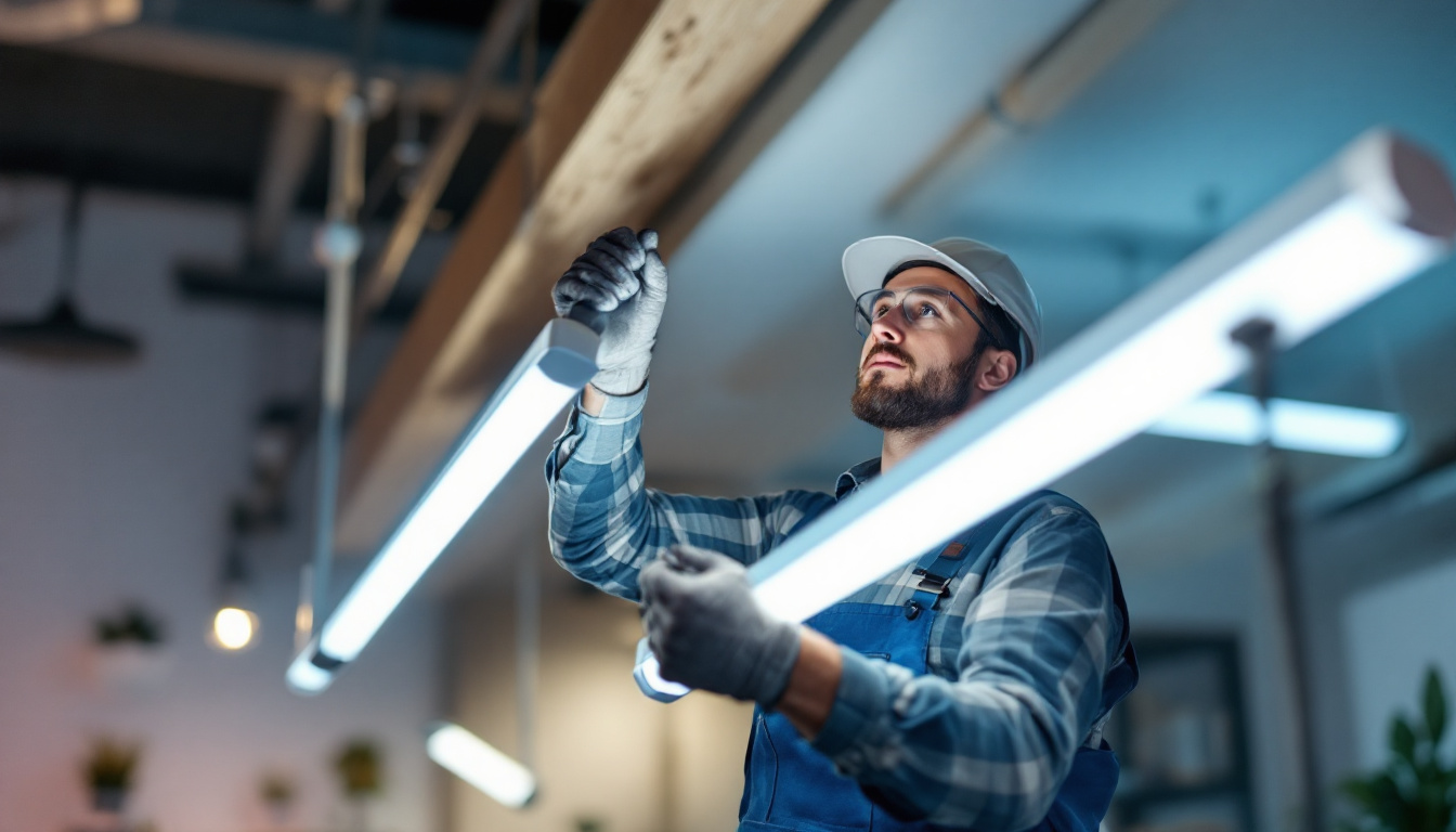 A photograph of a lighting contractor installing or examining led fluorescent tubes in a commercial or residential setting