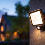 A photograph of capture a photograph of a solar motion detector flood light installed in a residential or commercial outdoor setting