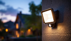 A photograph of capture a photograph of a solar motion detector flood light installed in a residential or commercial outdoor setting