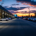 A photograph of a well-lit parking lot at dusk