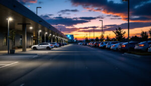 A photograph of a well-lit parking lot at dusk