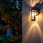 A photograph of a stylish and functional outdoor light fixture installed in a beautifully landscaped garden or patio setting