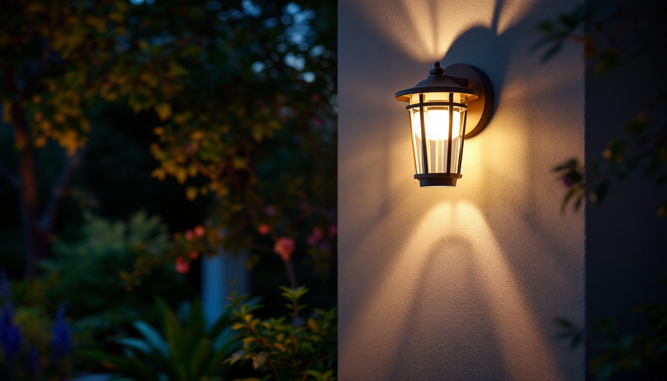 A photograph of a stylish and functional outdoor light fixture installed in a beautifully landscaped garden or patio setting