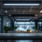 A photograph of a well-lit commercial space featuring a sleek 8-foot led light fixture installed