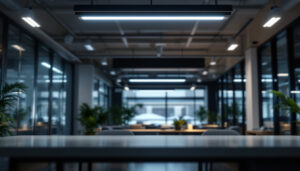 A photograph of a well-lit commercial space featuring a sleek 8-foot led light fixture installed
