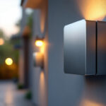A photograph of a well-lit outdoor setting featuring a 2-way metallic spotlight weatherproof box installed on a building or landscape