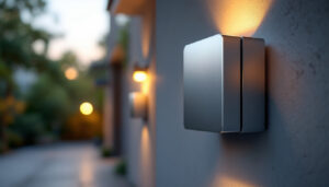 A photograph of a well-lit outdoor setting featuring a 2-way metallic spotlight weatherproof box installed on a building or landscape