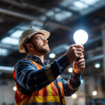 A photograph of a lighting contractor installing or inspecting a metal halide mh lamp in a commercial or industrial setting