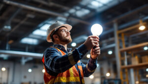 A photograph of a lighting contractor installing or inspecting a metal halide mh lamp in a commercial or industrial setting