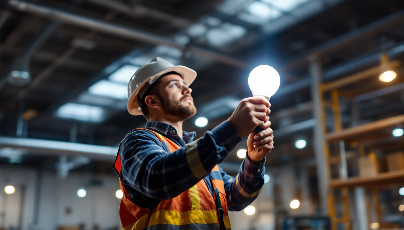 A photograph of a lighting contractor installing or inspecting a metal halide mh lamp in a commercial or industrial setting