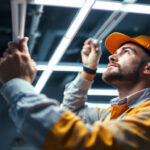 A photograph of a lighting contractor expertly installing t5 light bulbs in a commercial space