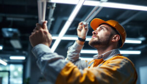 A photograph of a lighting contractor expertly installing t5 light bulbs in a commercial space