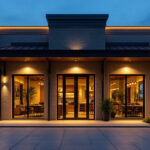 A photograph of a well-lit exterior commercial space at dusk