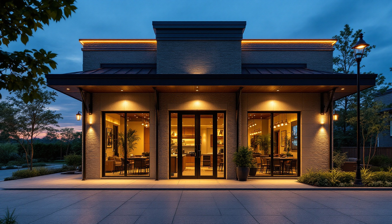 A photograph of a well-lit exterior commercial space at dusk