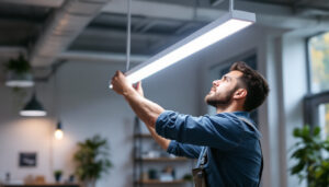 A photograph of a professional lighting contractor installing a sleek 4ft led light fixture in a modern workspace