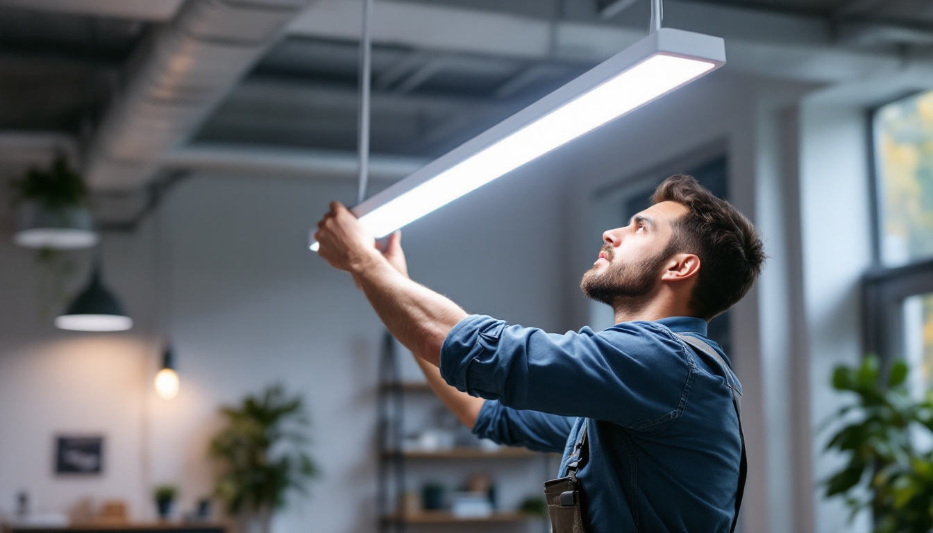 A photograph of a professional lighting contractor installing a sleek 4ft led light fixture in a modern workspace