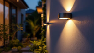 A photograph of a well-lit outdoor space featuring stylish wall-mounted solar lights in action