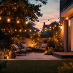 A photograph of a beautifully illuminated outdoor space at dusk