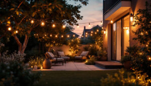 A photograph of a beautifully illuminated outdoor space at dusk